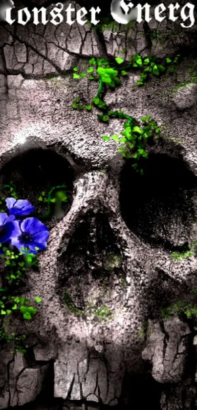 Skull with green and blue flowers on cracked texture.