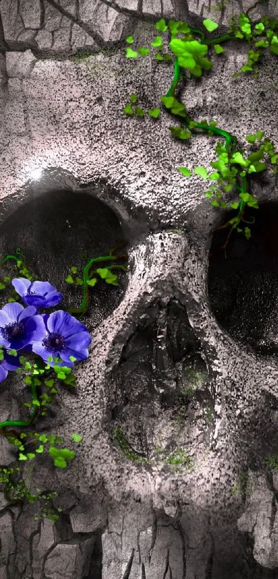 A skull with purple flowers and green vines on a rustic texture.