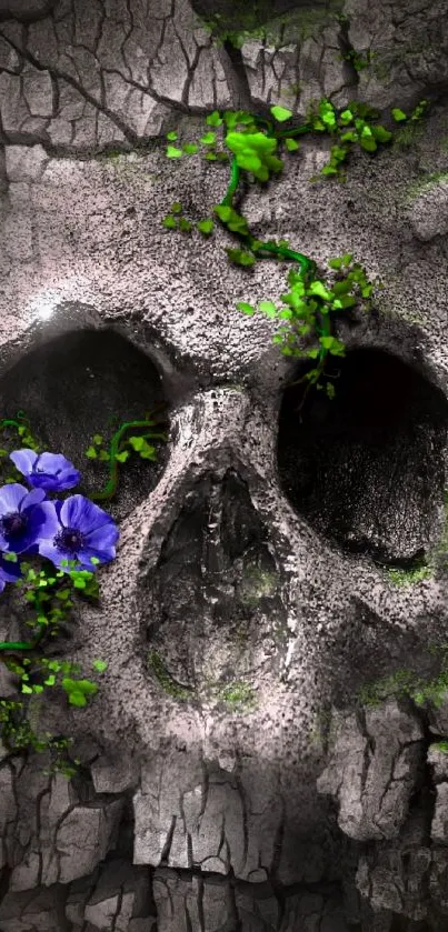 Skull with vivid purple flowers and greenery in stone texture.