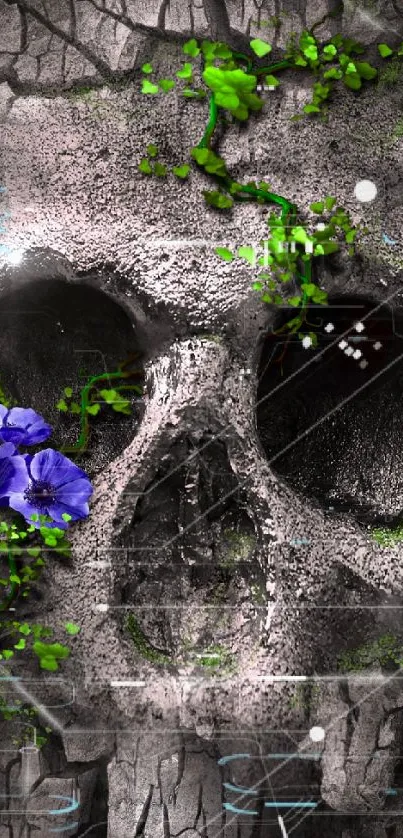 Gray skull with green vines and a purple flower wallpaper.