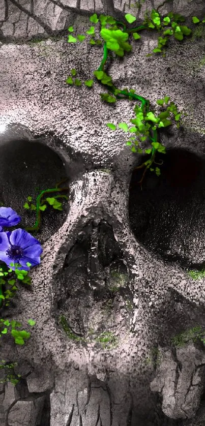 Gray skull with green vines and purple flowers on a textured background.