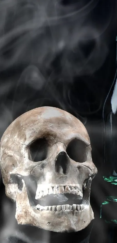 Realistic skull with bottles and smoke in a dark, spooky setting.