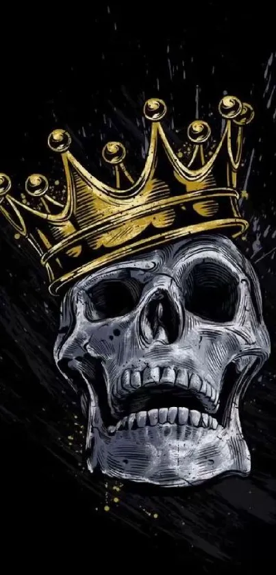 Skull wearing a gold crown on black background.