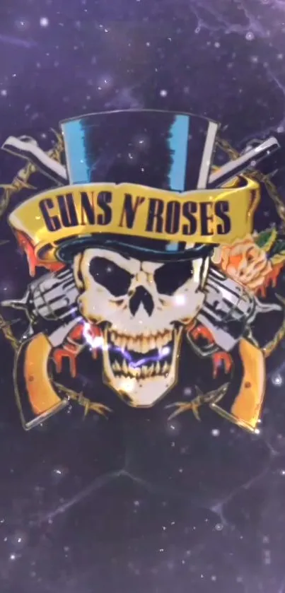 Skull with guns and roses on purple background.