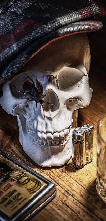 Skull adorned with a hat beside a whiskey glass on a rustic table.