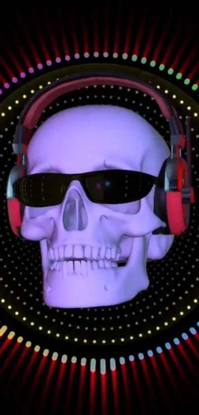 Purple skull with headphones and sunglasses on a vibrant background.