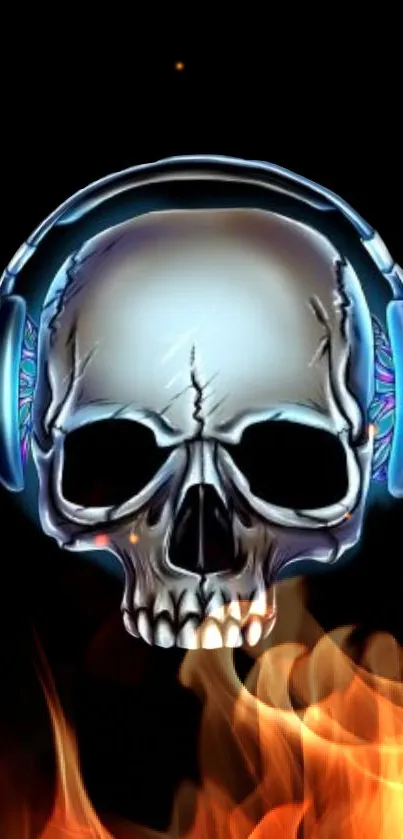 Metallic skull wearing headphones with flames on a black background.