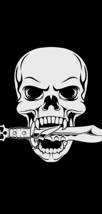 Monochrome skull with knife design on black background.