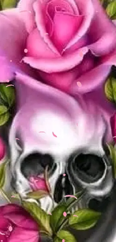 Skull with pink roses and green leaves on a mobile wallpaper.