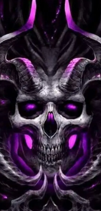 Artwork of a skull with glowing purple flames and intricate details.