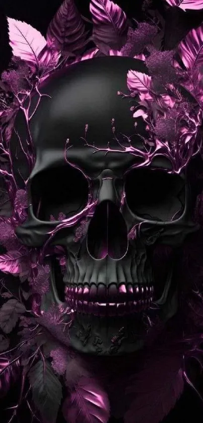 Dark skull with purple floral elements wallpaper.