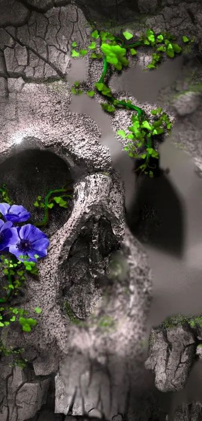 Textured skull with purple flowers and green vines on gray background.