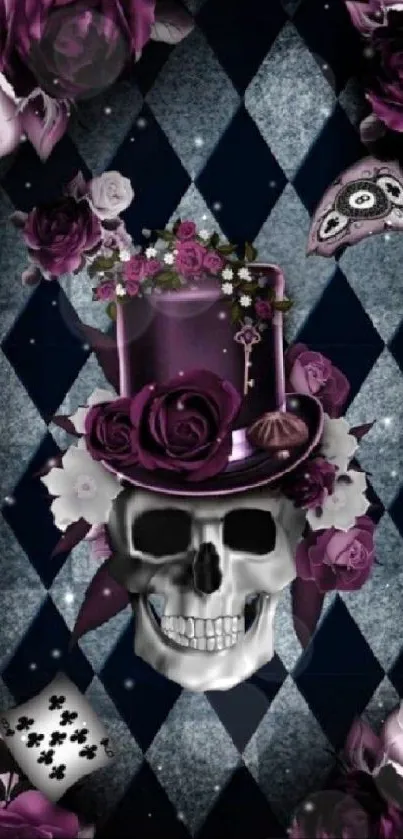 Gothic skull with purple roses wallpaper design.