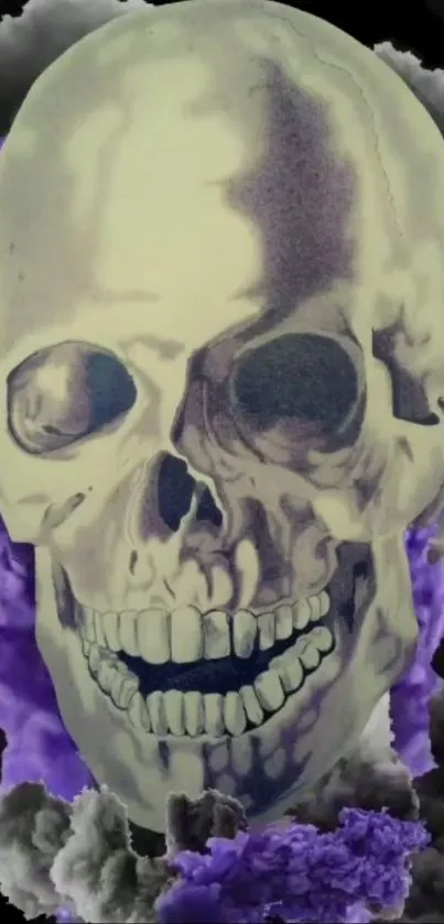 Realistic skull with purple smoke backdrop.