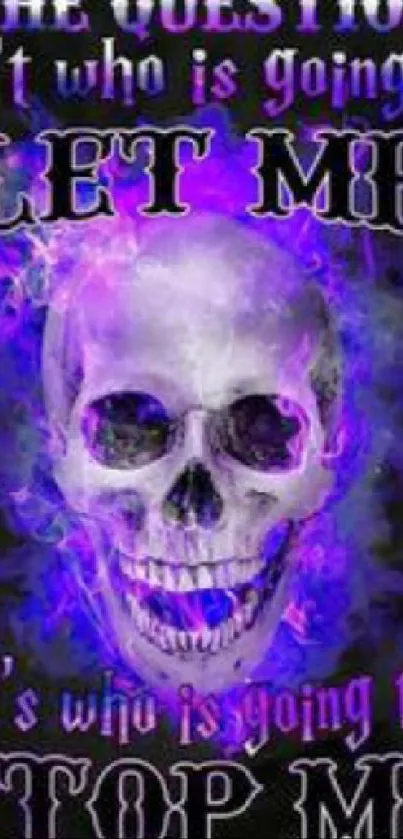 Skull with vibrant purple smoke and text on black background