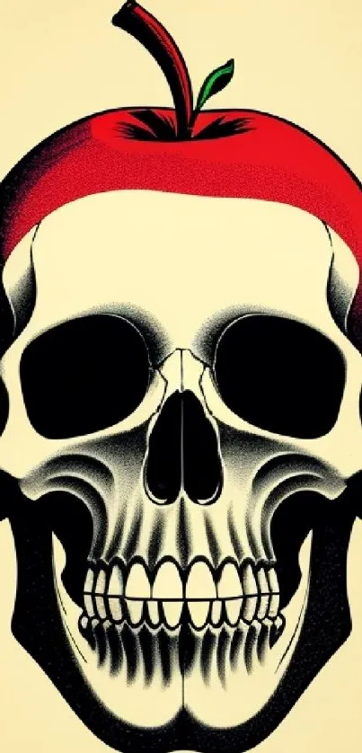 Mobile wallpaper featuring a skull with a red apple on a beige background.