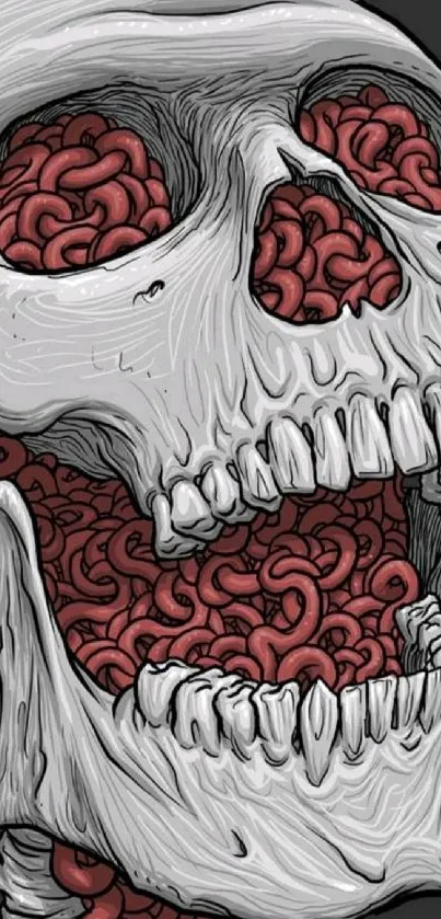 Illustrated skull filled with red entrails, dark-themed mobile wallpaper.