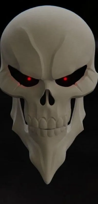 Beige skull with glowing red eyes on a dark background.