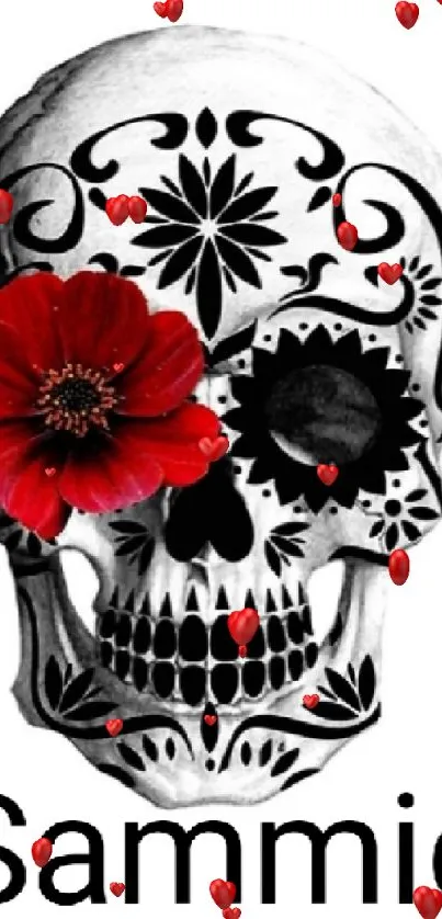 Black and white skull with red flower on mobile wallpaper.