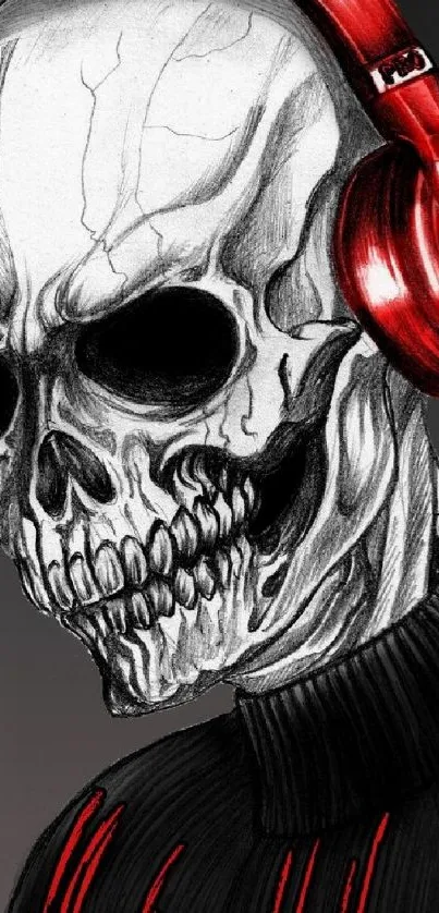 Skull with red headphones on black background art.