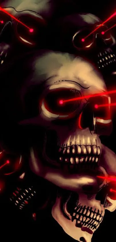 Dark skull wallpaper with red laser eyes for mobile.