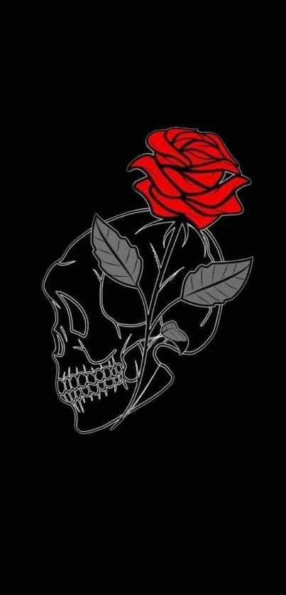 Black wallpaper with a skull and red rose design.