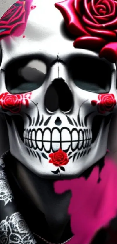 Stylish skull with red roses mobile wallpaper.