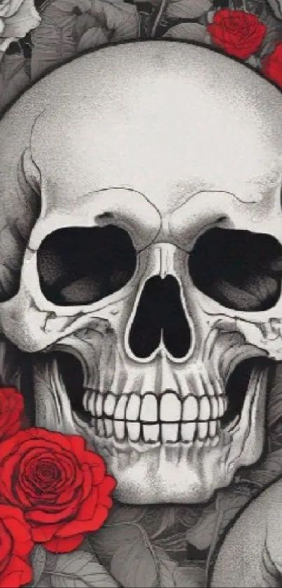 A goth skull with red roses wallpaper design.