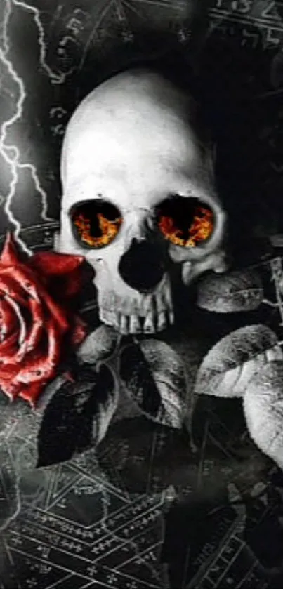 Artistic wallpaper featuring skull with a red rose and fiery eyes.