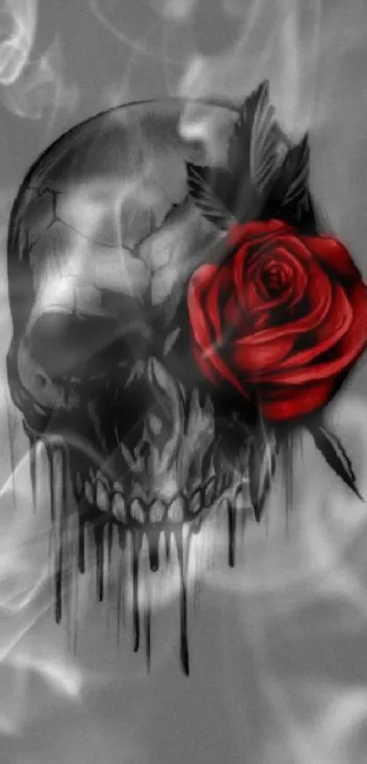 Gray wallpaper featuring a skull with a red rose.