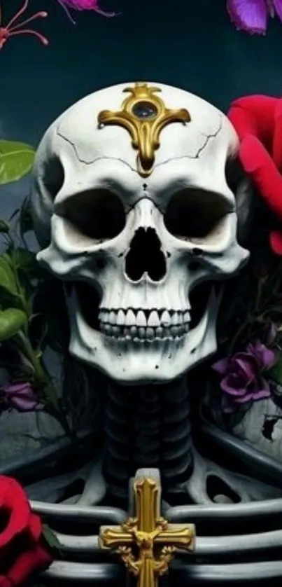 Artistic skull with roses and butterflies.