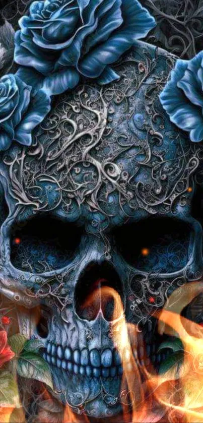 Skull with blue roses and fiery flames wallpaper.