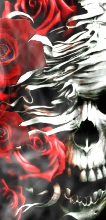 Skull entwined with red roses on black background.