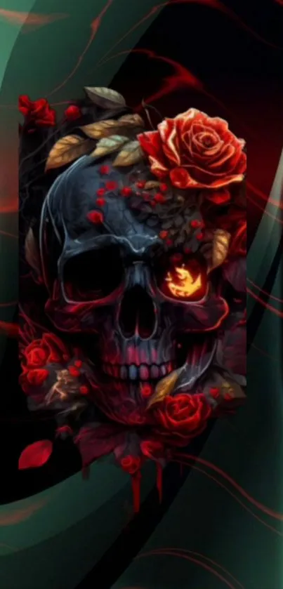 Dark skull with roses mobile wallpaper featuring rich colors.