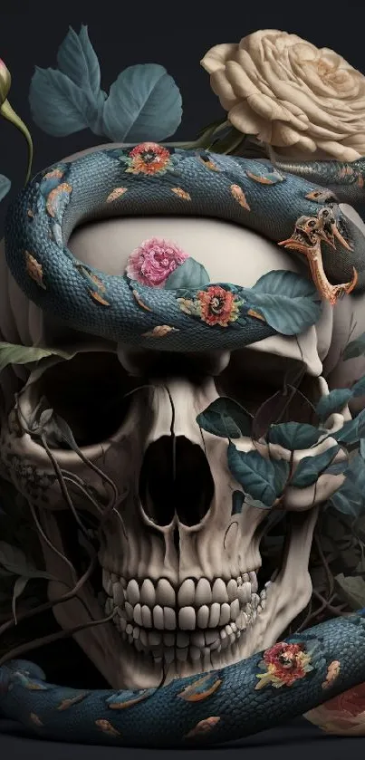 Dark themed wallpaper with skull, paired with snake and flowers.