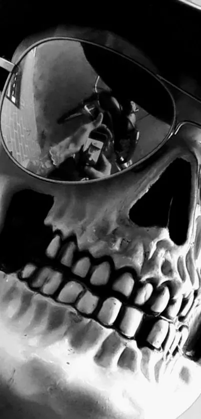 Skull in sunglasses mobile wallpaper, black and white edgy design.