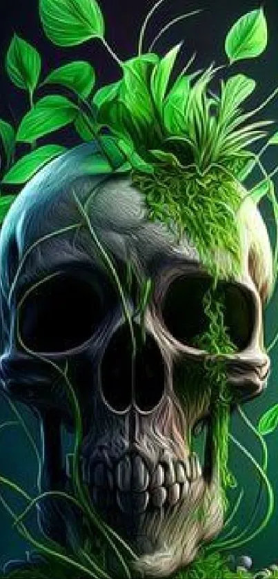 Intricate skull design with lush green vines on dark background.