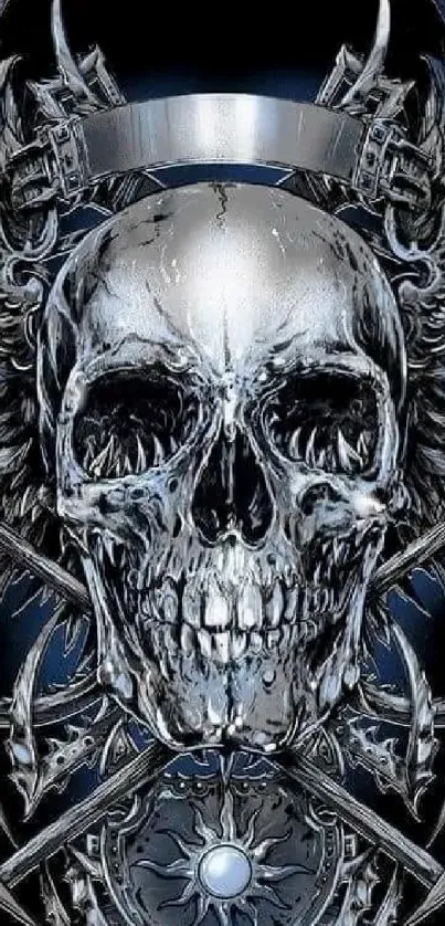 Intricate skull and metallic wings wallpaper art.