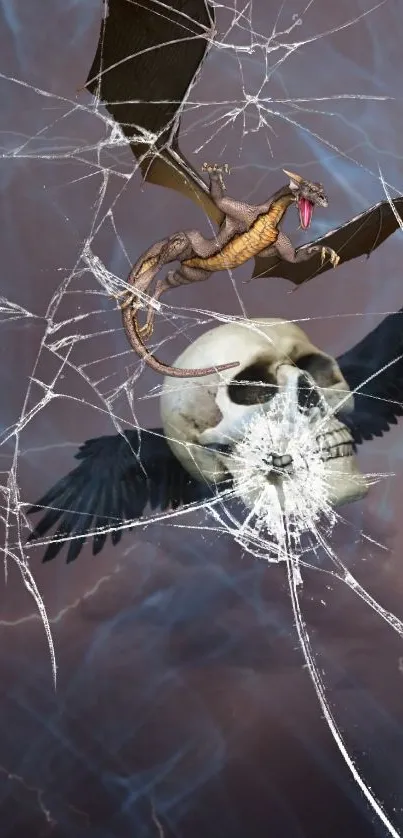 Skull with wings in a lightning storm background wallpaper.