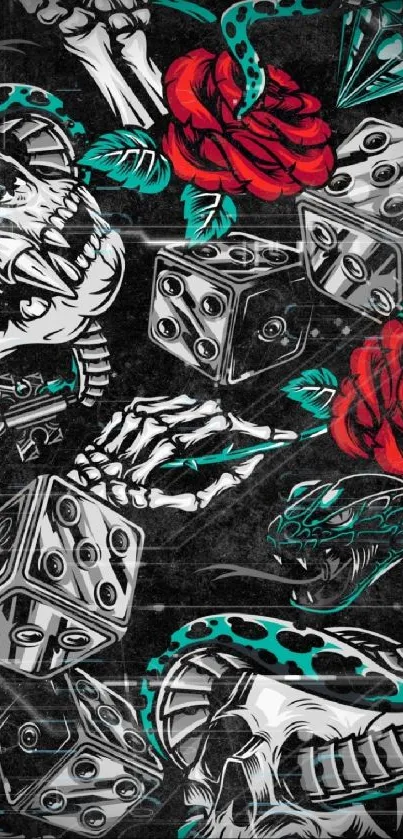 Skulls with dice, red roses, and teal accents artwork.