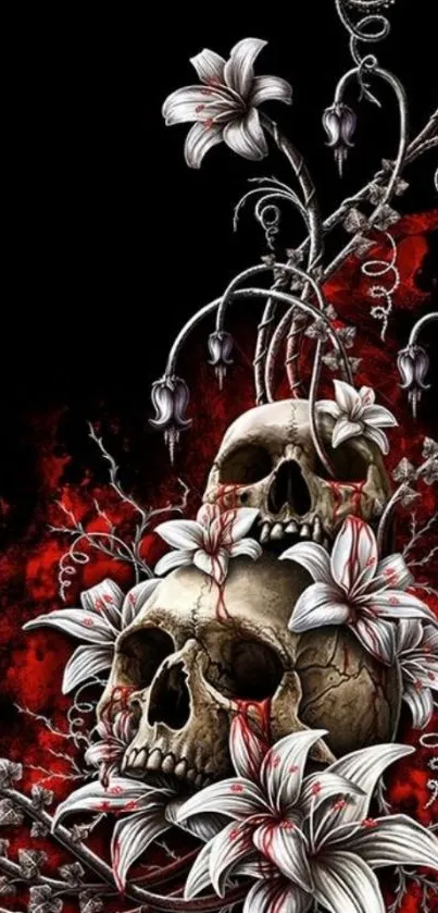 Skulls and lilies in dark themed intricate wallpaper.