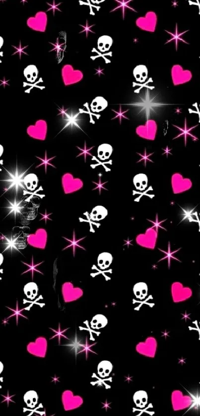 Mobile wallpaper of vibrant skulls and hearts in black and pink.