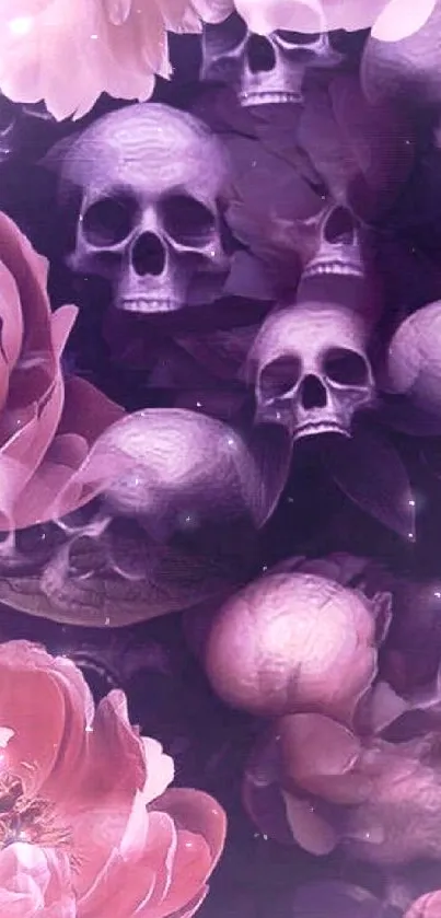 Purple skulls and pink peonies wallpaper with a dark theme.