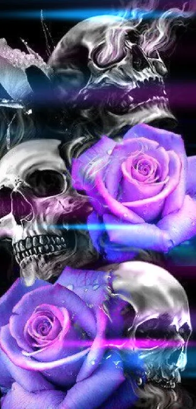 Wallpaper featuring skulls with purple roses on a dark background.