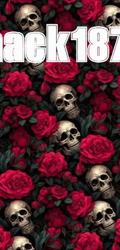 Wallpaper with skulls and vibrant red roses on a dark background.