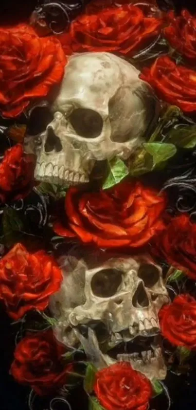 Dark wallpaper with skulls and red roses intertwined.