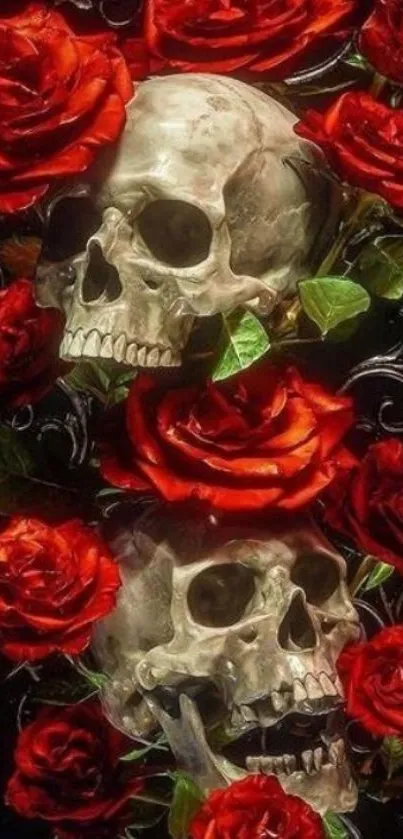 Dark wallpaper with skulls and red roses, creating a gothic aesthetic.