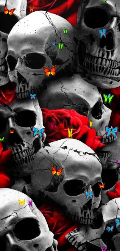 Mobile wallpaper with skulls and red roses, creating a bold, gothic look.