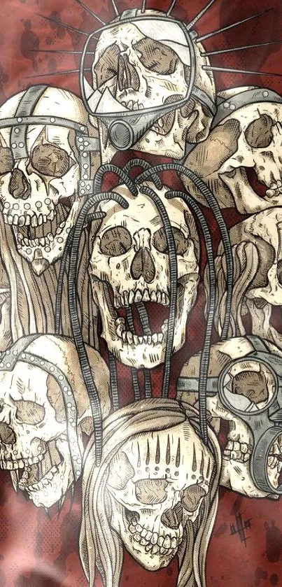 Artistic skull mobile wallpaper with red and beige hues, featuring intricate designs.