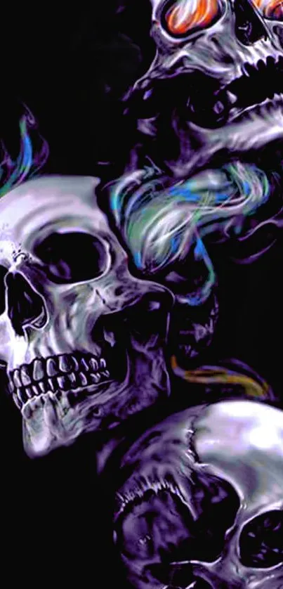 Three skulls with colorful smoke, dark art.